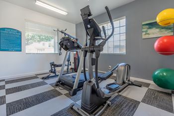 A gym with a treadmill, exercise ball and other equipment.